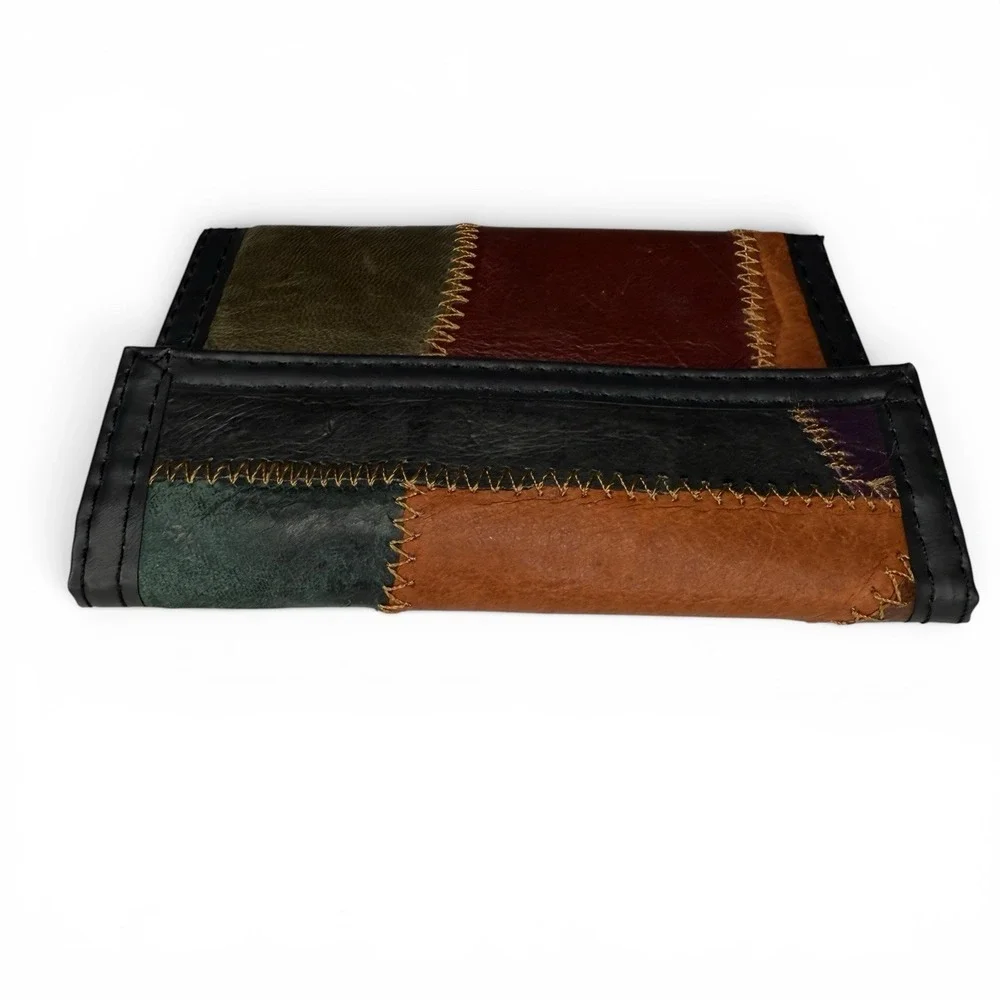 NWOT Vintage Leather Stitched Patchwork Wallet Rare Hook And Loop Made In Korea